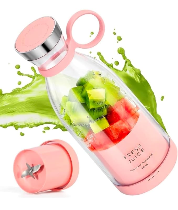 Portable Travel Juice Blender with Pink Base, 420ml Capacity, Fresh Fruit Smoothie Maker, Travel Bottle Juicer