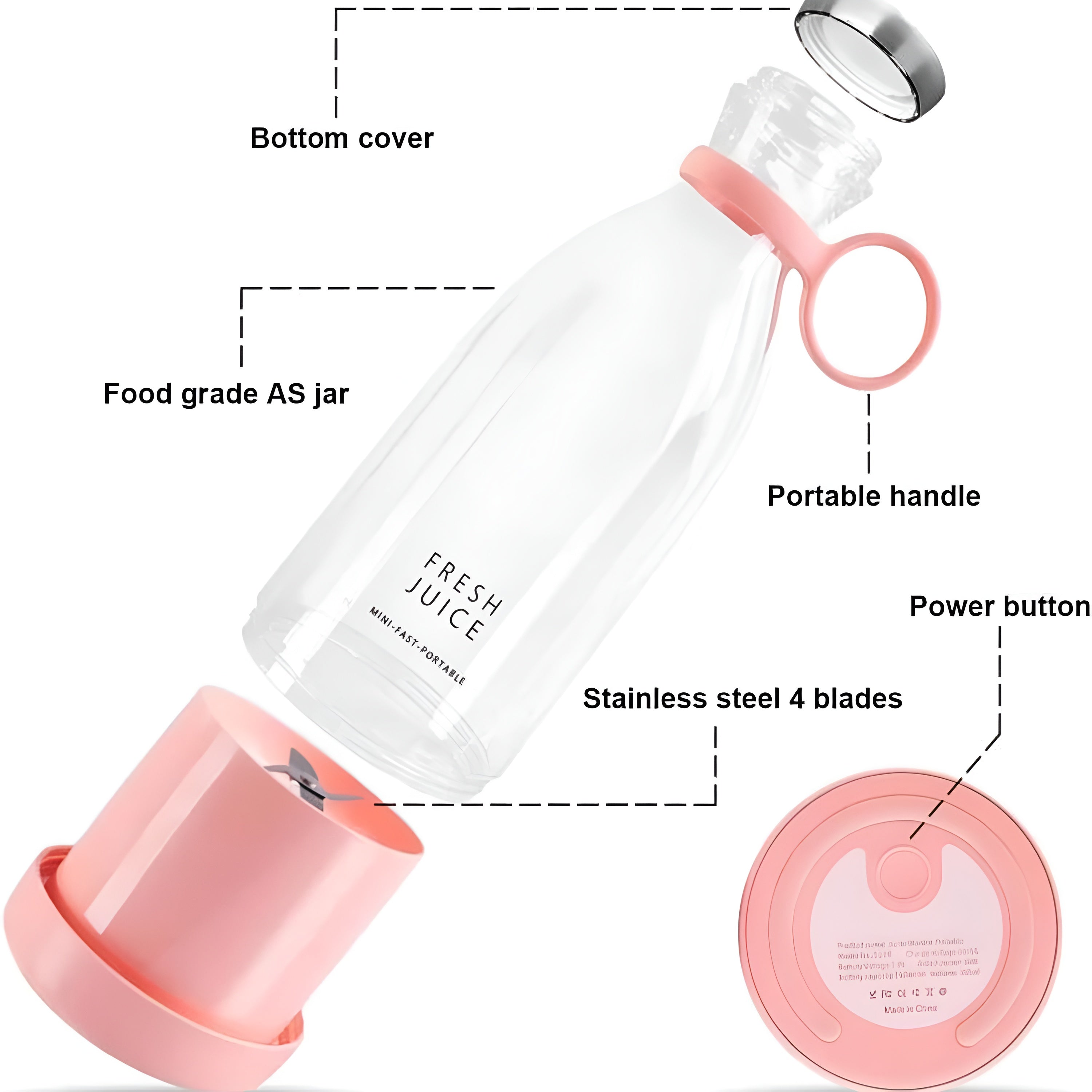 Portable Travel Juice Blender with Pink Base, 420ml Capacity, Fresh Fruit Smoothie Maker, Travel Bottle Juicer